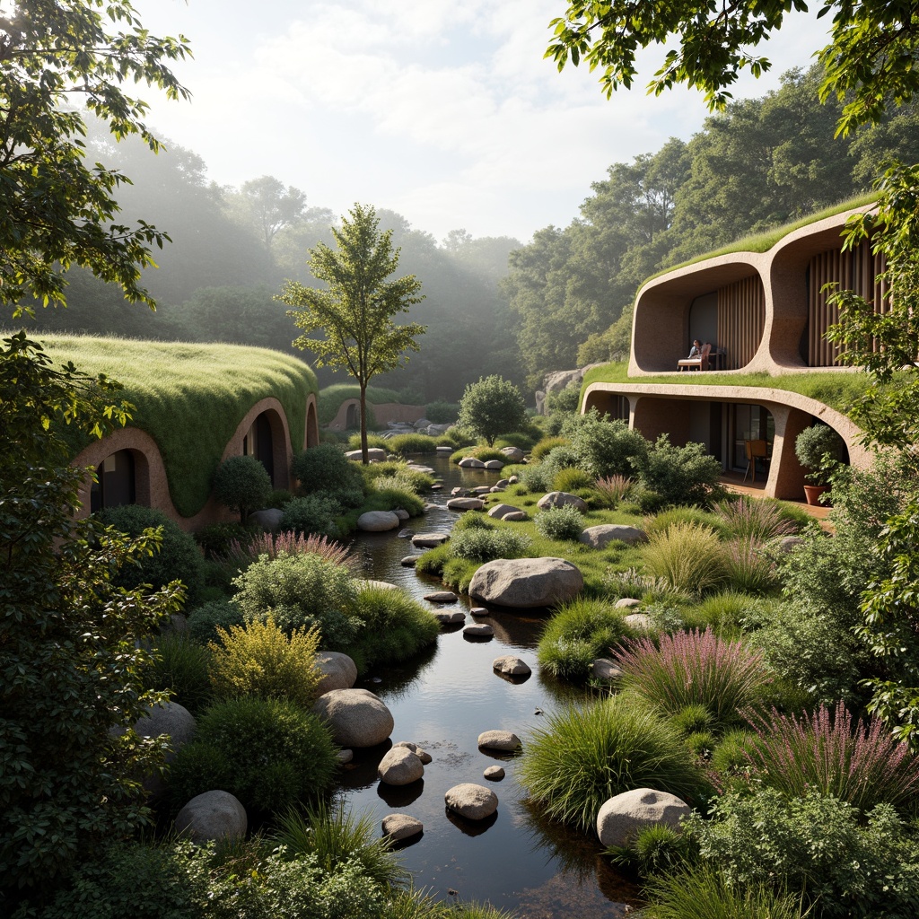 Prompt: Seamless landscape integration, lush green roofs, living walls, natural stone facades, wooden accents, organic curves, eco-friendly materials, sustainable architecture, blending boundaries, harmonious coexistence, serene ambiance, soft warm lighting, shallow depth of field, 3/4 composition, panoramic view, realistic textures, ambient occlusion, misty morning atmosphere, vibrant flora, gentle water features, meandering pathways.