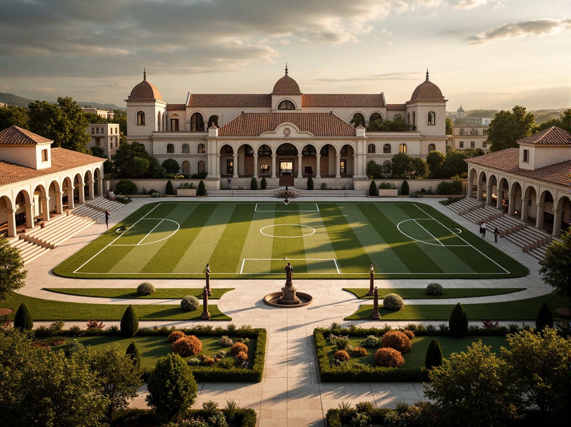 Prompt: Renaissance-style sports stadium, ornate stone fa\u00e7ade, grand archways, symmetrical layout, central courtyard, manicured lawns, walking paths, ornamental fountains, athletic track, soccer field, tennis courts, basketball hoops, spectator seating, classical columns, rusticated walls, terracotta roofing, warm golden lighting, soft afternoon sun, atmospheric perspective, 1-point linear perspective, subtle gradient shading, realistic stone textures.