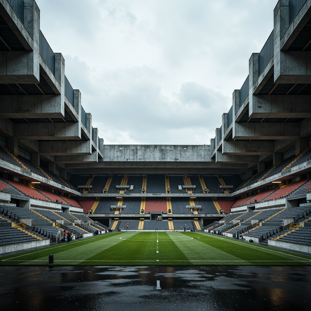 Prompt: Rugged brutalist stadium, exposed concrete structures, bold angular lines, monumental scale, imposing fa\u00e7ade, fortress-like design, massive columns, raw unfinished surfaces, industrial materials, functional minimalism, steep grandstands, floodlighting, dramatic shadows, high-contrast textures, cinematic atmosphere, symmetrical composition, 1/2 framing, heroic architecture, urban landscape, cloudy overcast sky, bold color accents.