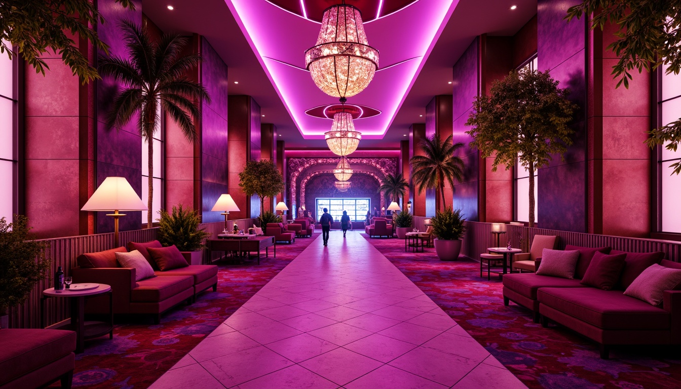 Prompt: Vibrant fuchsia accents, bold Art Deco architecture, luxurious materials, metallic sheen, geometric patterns, ornate details, opulent chandeliers, lavish furnishings, rich velvet textures, dramatic lighting effects, intense color contrasts, 1/2 composition, low-angle shot, cinematic atmosphere, futuristic ambiance.