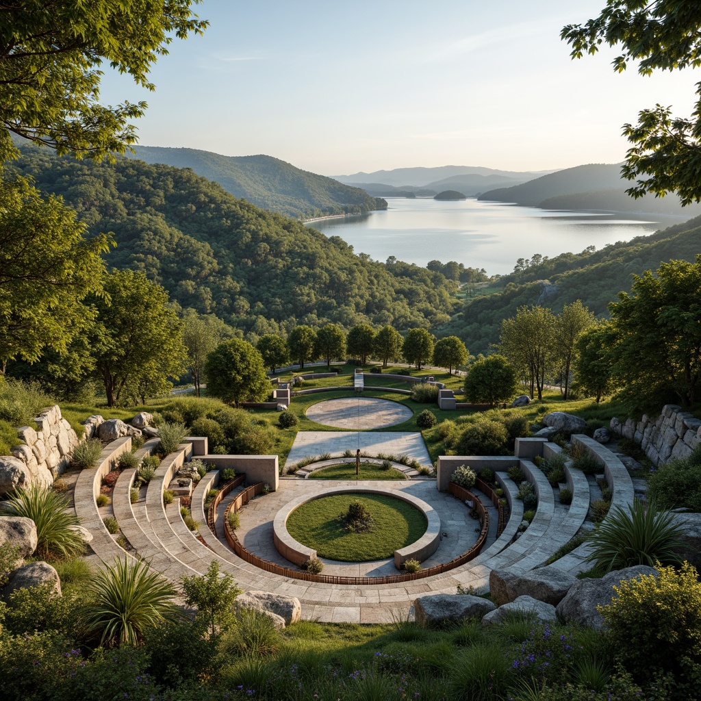 Prompt: Semi-circular amphitheater, lush green hills, serene lake views, meandering stone pathways, natural rock formations, wooden benches, gentle water features, harmonious landscape integration, curved lines, symmetrical architecture, panoramic vistas, warm golden lighting, soft focus, 1/2 composition, atmospheric perspective, realistic foliage, ambient occlusion.