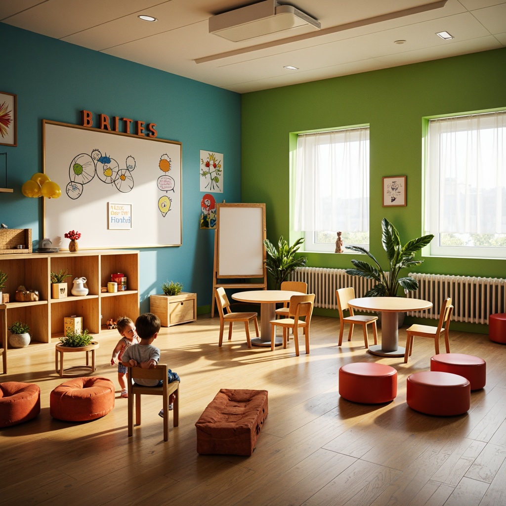 Prompt: Vibrant kindergarten, playful color scheme, interactive whiteboards, educational toys, cozy reading nooks, circular tables, ergonomic chairs, soft cushions, natural wood flooring, bright windows, sheer curtains, artificial green walls, stimulating lighting, shallow depth of field, 1/1 composition, warm atmosphere, inviting textures, ambient occlusion.