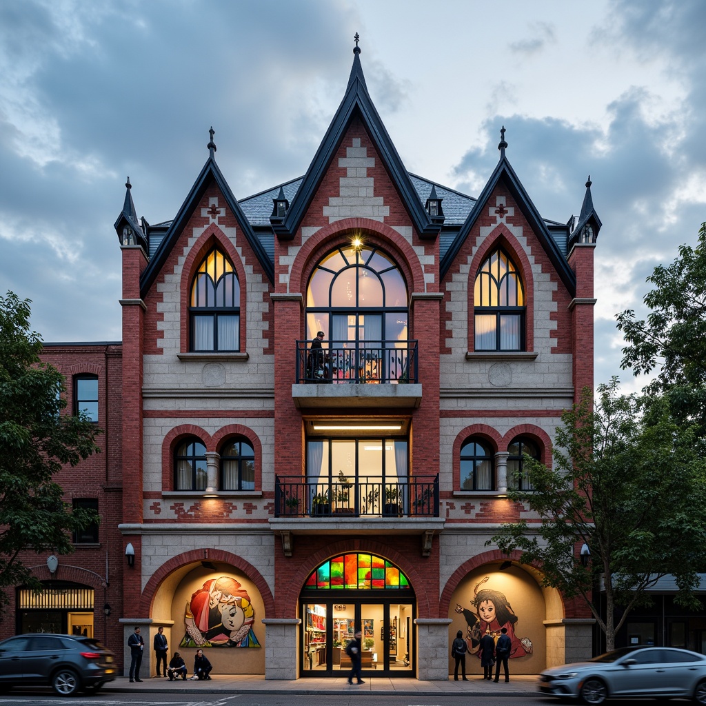 Prompt: Eclectic gymnasium facade, asymmetrical composition, ornate decorations, bold color schemes, mixed materiality, brick and stone textures, metal accents, grand entrance archways, intricate roof details, stained glass windows, gothic-inspired turrets, vibrant mural artworks, urban cityscape background, cloudy sky with dramatic lighting, shallow depth of field, 1/2 composition, realistic reflections, ambient occlusion.