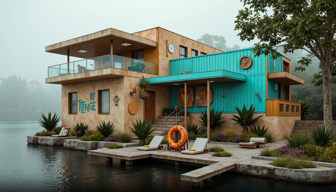 Prompt: Vibrant boathouse, postmodernist architecture, bold color blocking, turquoise blue accents, warm beige stucco, rusty metal details, distressed wood textures, eclectic decor, nautical ropes, life rings, vintage navigation instruments, abstract art pieces, playful typography, whimsical sculptures, lush greenery surroundings, serene lake views, misty morning atmosphere, soft warm lighting, shallow depth of field, 1/2 composition, realistic water reflections, ambient occlusion.