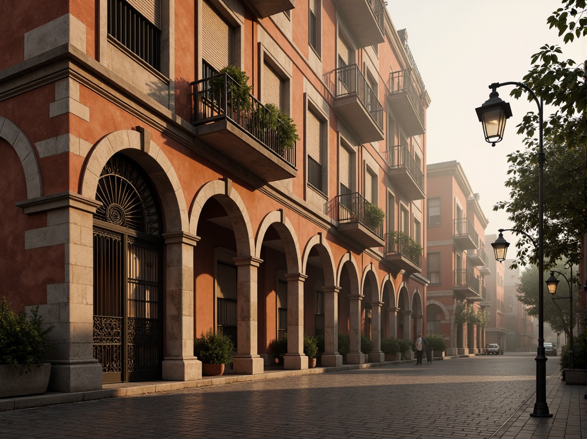 Prompt: Earthy tones, weathered stone facades, rich terracotta hues, ornate ironwork details, grand archways, classical columns, rustic brick textures, muted greenery, vintage street lamps, cobblestone roads, foggy morning atmosphere, warm golden lighting, dramatic shadows, 1/2 composition, symmetrical framing, high-contrast imagery, detailed architectural rendering.