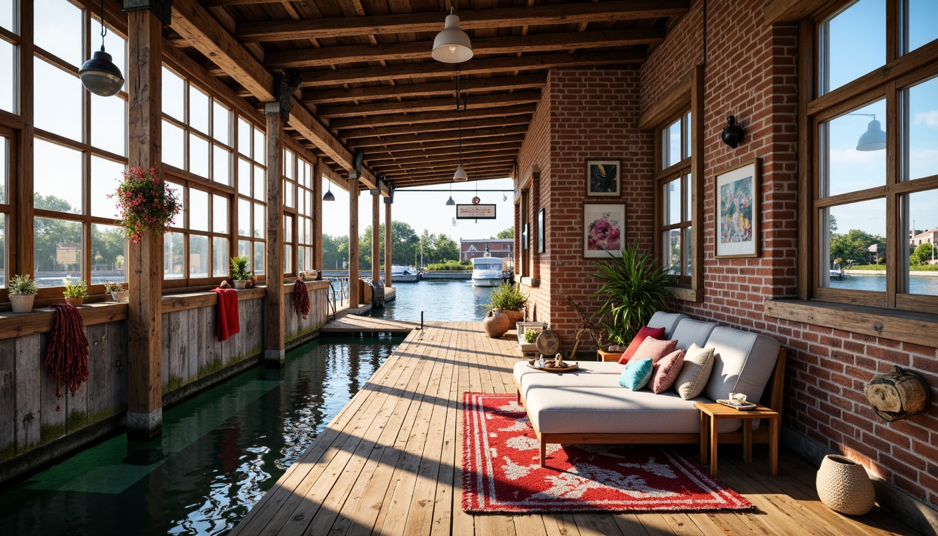 Prompt: Rustic wooden dock, waterfront location, nautical themed decor, vintage fishing nets, distressed wood accents, exposed brick walls, industrial metal beams, reclaimed wood furniture, eclectic art pieces, bold colorful textiles, abstract sculptures, oversized windows, natural light pouring in, warm cozy atmosphere, soft ambient lighting, shallow depth of field, 1/1 composition, realistic reflections, intricate architectural details.