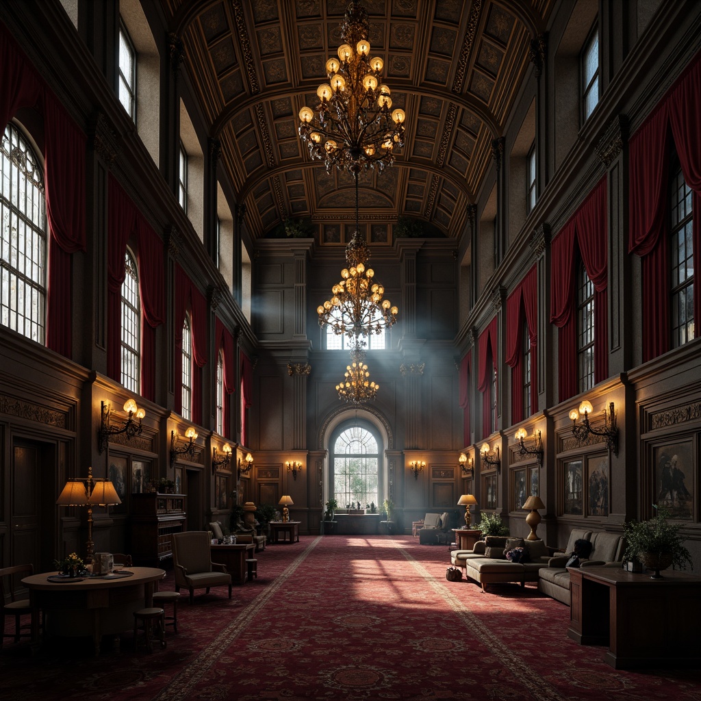 Prompt: Grand cathedral-inspired ceiling, ornate chandeliers, lavish furnishings, rich velvet drapes, mysterious dark wood paneling, intricate stone carvings, dramatic arched windows, luxurious red carpet, opulent gold accents, eerie dim lighting, haunting shadows, 1/1 composition, atmospheric fog effect, realistic textures, ambient occlusion.