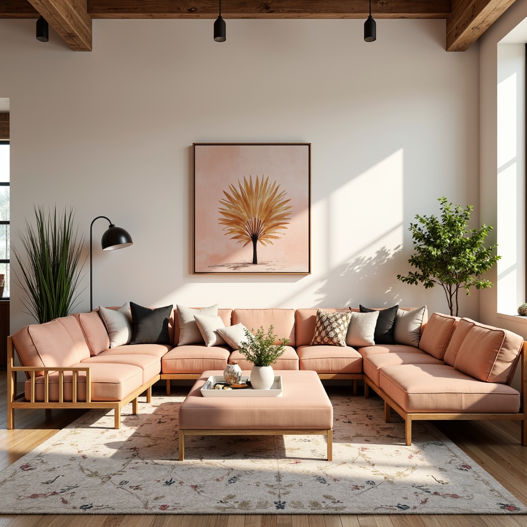 Prompt: Vibrant modern design studio, trendy furniture, pastel color palette, soft peach tones, creamy whites, rich charcoal accents, natural wood textures, sleek metal frames, eclectic art pieces, minimalist decor, abundant natural light, airy atmosphere, 1/2 composition, warm shallow depth of field.