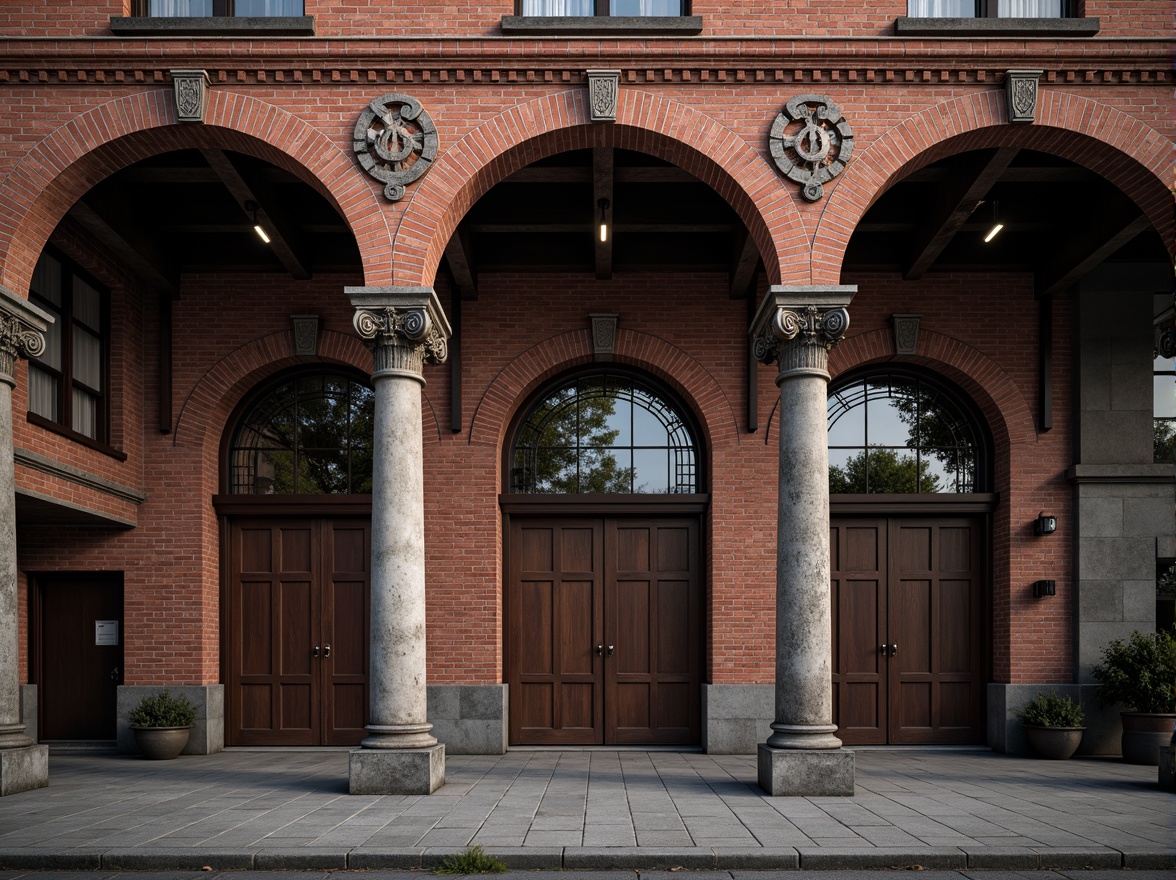 Prompt: Brick-red factory facade, ornate neoclassical details, grand archways, fluted columns, intricate stone carvings, rusticated bases, symmetrical composition, neutral color palette, industrial heritage, nostalgic ambiance, dramatic spotlights, low-angle photography, cinematic atmosphere, 1/2 composition, subtle texture overlay, ambient occlusion.