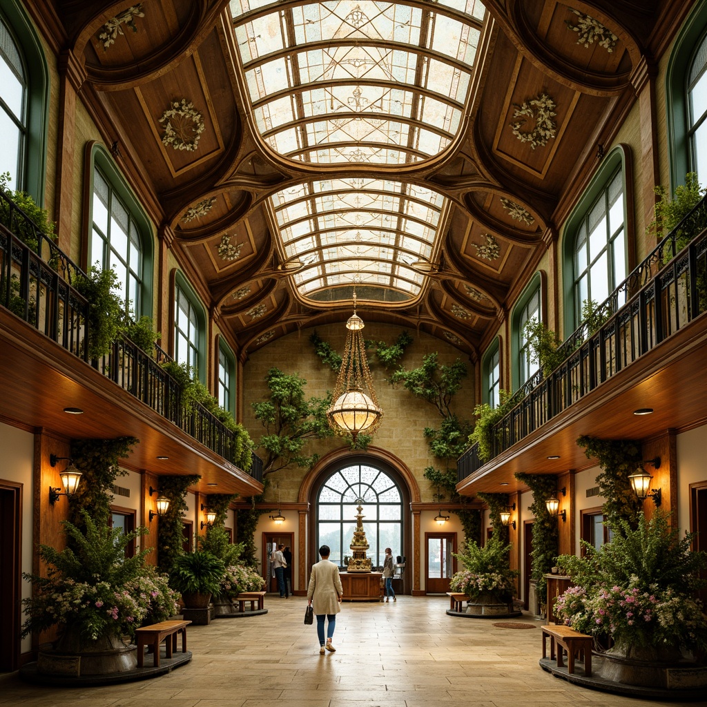 Prompt: Richly ornate train station, Art Nouveau architecture, flowing curves, organic forms, intricate metalwork, stained glass ceilings, warm golden lighting, luxurious velvet textiles, polished bronze fixtures, elegant wooden paneling, soft moss green walls, cream-colored stone floors, whimsical floral patterns, sinuous lines, ornate iron railings, grand entrance halls, high vaulted ceilings, dramatic archways, mystical ambiance, soft focus, shallow depth of field, 1/2 composition, warm color grading.