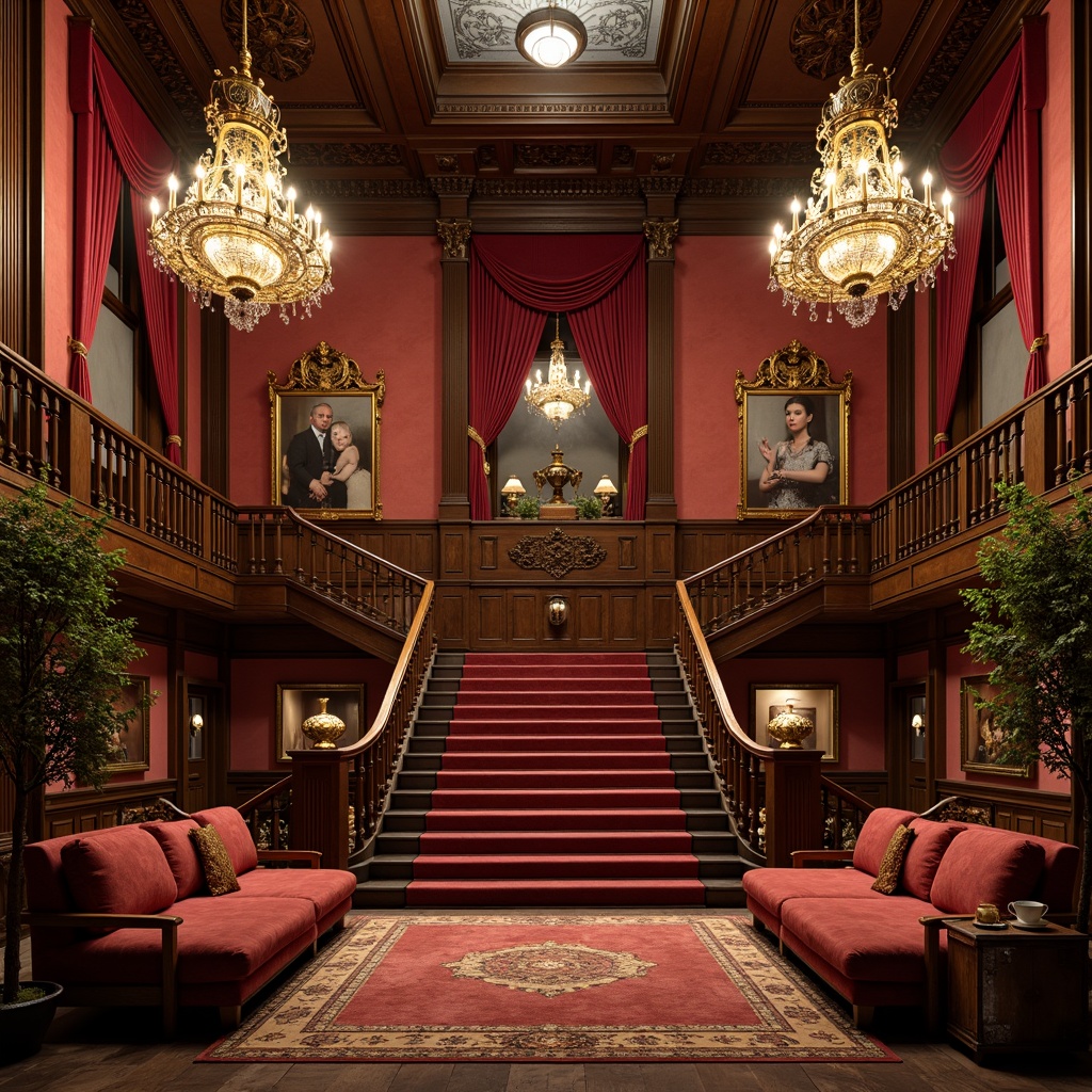 Prompt: Richly ornate interior, lavish furnishings, intricately carved wooden panels, grand staircase, majestic chandeliers, velvet drapes, gilded frames, antique vases, ornamental mirrors, luxurious fabrics, crimson red walls, golden accents, Baroque-inspired motifs, symmetrical composition, soft warm lighting, shallow depth of field, 3/4 perspective, cinematic atmosphere.