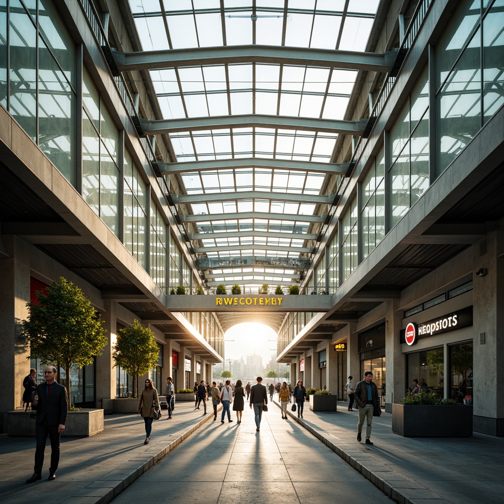 Prompt: Vibrant tram station interior, natural light pouring in, high ceilings, large windows, transparent roofs, modern architecture, sleek metal beams, polished concrete floors, urban atmosphere, busy morning commute, soft warm lighting, shallow depth of field, 1/1 composition, symmetrical framing, subtle shadows, ambient occlusion, realistic textures.