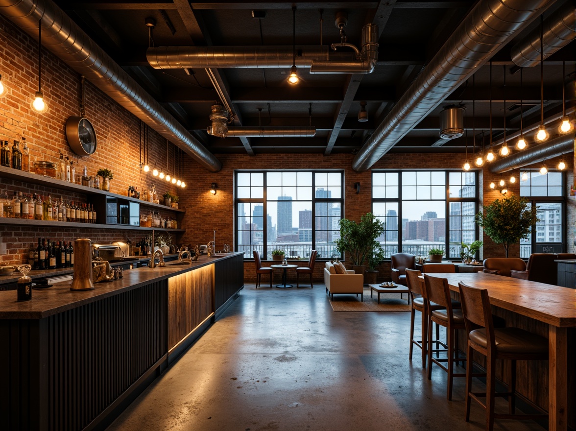 Prompt: Industrial urban landscape, converted warehouses, exposed brick walls, metallic accents, minimalist decor, sleek bar counters, polished concrete floors, reclaimed wood furnishings, Edison bulb lighting, urban skyline views, cityscape reflections, moody atmospheric lighting, shallow depth of field, 2/3 composition, cinematic angles, gritty textures, subtle color grading.