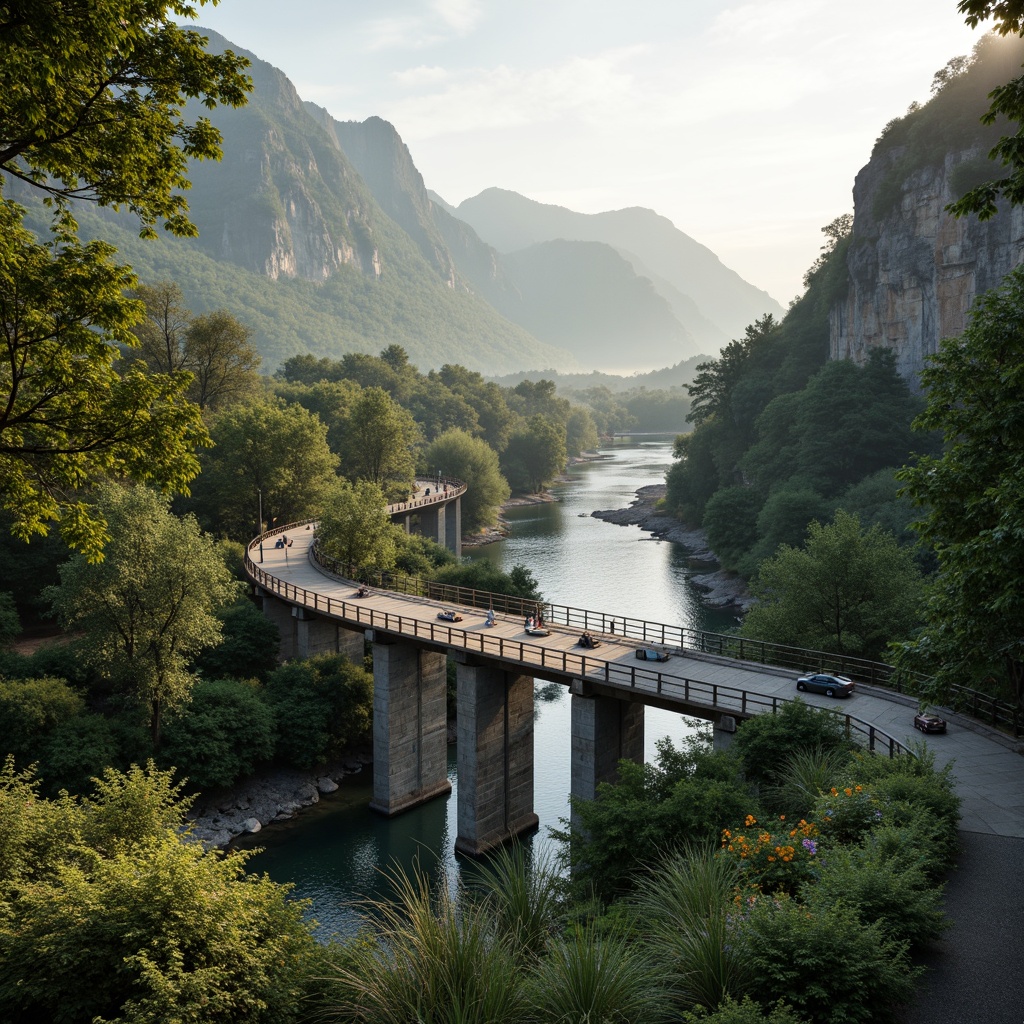 Prompt: Scenic bridge, curved roadway, lush greenery, natural stone walls, wooden railings, suspended walkways, panoramic views, misty atmosphere, soft warm lighting, shallow depth of field, 3/4 composition, realistic textures, ambient occlusion, tranquil water flow, rippling river, surrounding mountains, rustic landscape, meandering paths, scenic overlooks, vibrant wildflowers, weathered wooden benches.