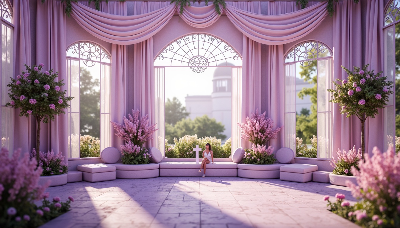 Prompt: Soft lavender hues, pastel purple shades, delicate pink undertones, whimsical floral patterns, gentle draping fabrics, ornate ironwork, Victorian-inspired architecture, lush greenery, blooming flowers, warm sunny day, soft warm lighting, shallow depth of field, 3/4 composition, panoramic view, realistic textures, ambient occlusion.