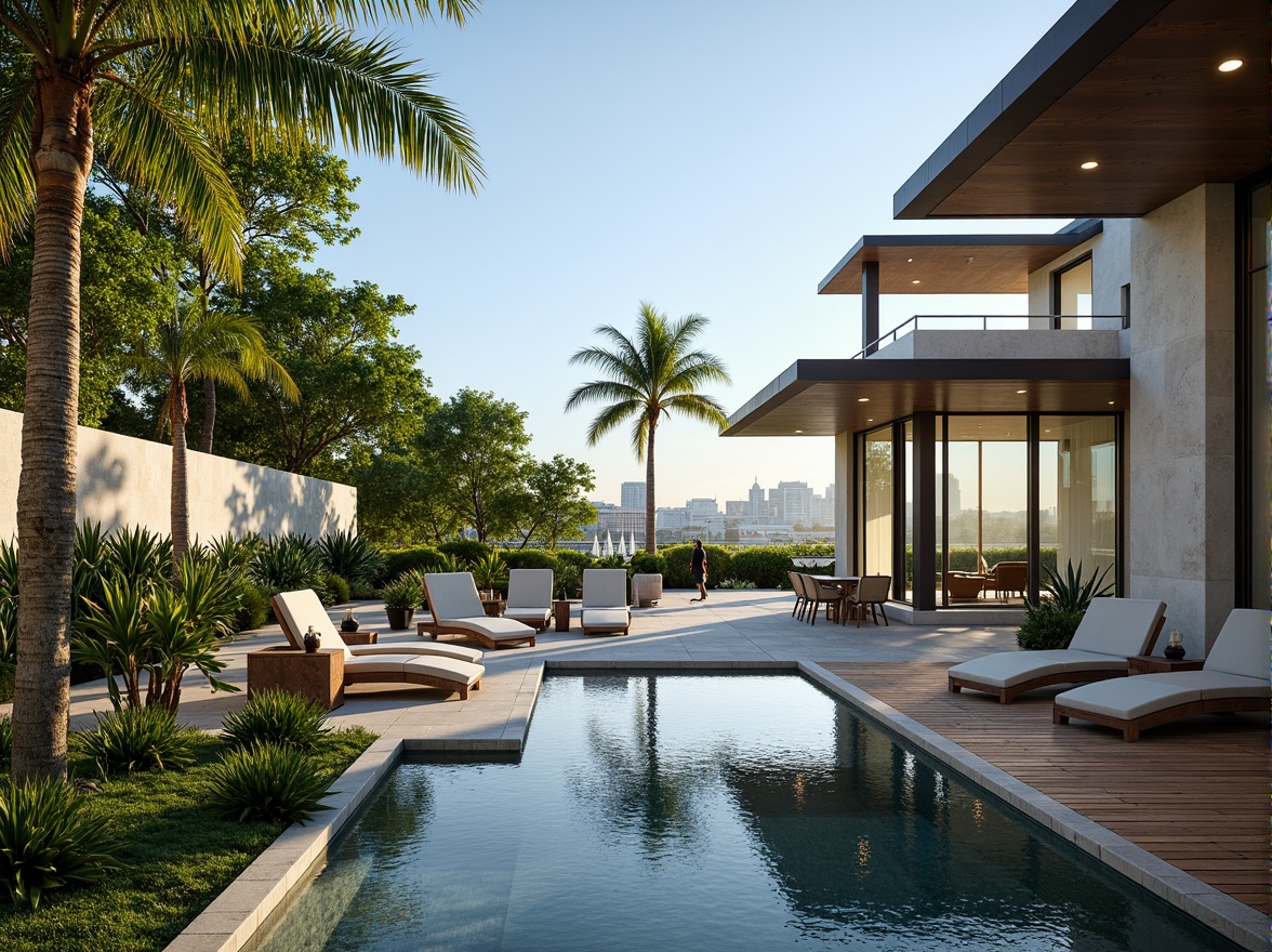 Prompt: Luxuriant tropical gardens, exotic palm trees, natural stone walls, water features, infinity pools, outdoor lounge seating, cantilevered roofs, floor-to-ceiling glass windows, sliding doors, minimalist interior design, industrial metal accents, reclaimed wood flooring, neutral color palette, ambient lighting, shallow depth of field, 3/4 composition, panoramic view, realistic textures, international style architecture, modern luxury living, private balconies, city skyline views, bustling urban atmosphere, warm sunny day, soft warm lighting.