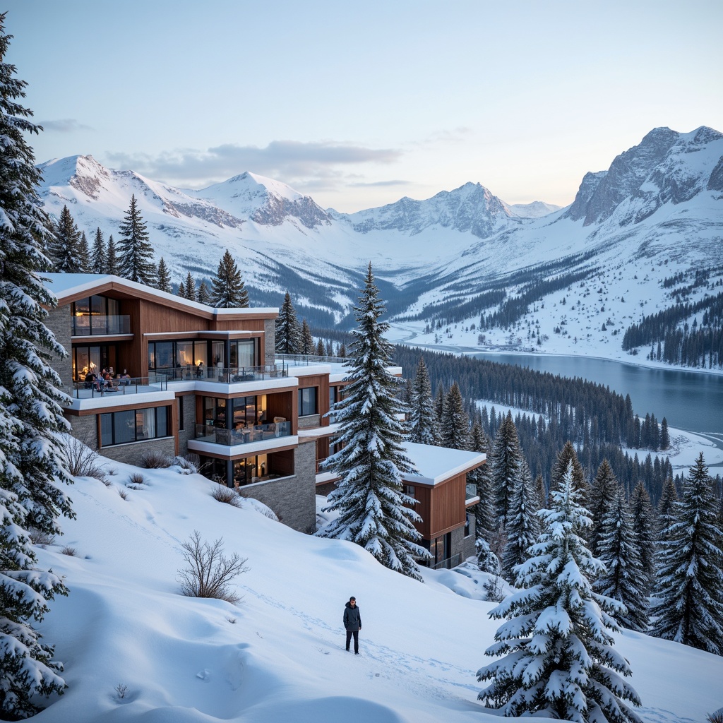 Prompt: Snow-capped mountains, lush pine forests, frozen lakes, ski slopes, chairlifts, gondolas, snowshoes, wooden ski lodges, modern mountain architecture, large glass windows, cantilevered roofs, natural stone foundations, rustic wooden accents, warm cozy fireplaces, panoramic views, realistic snow textures, ambient occlusion, shallow depth of field, 3/4 composition, misty morning atmosphere, soft warm lighting.