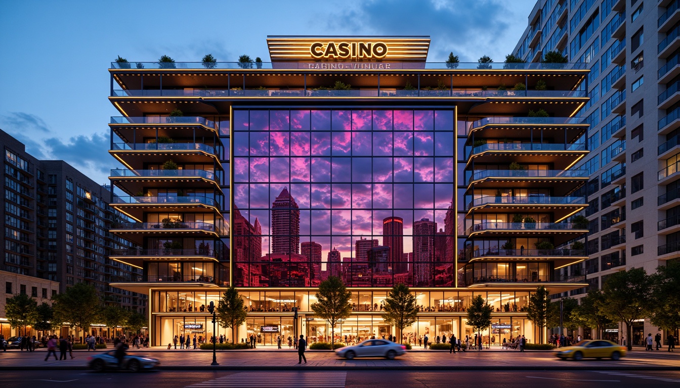 Prompt: Vibrant casino-inspired fa\u00e7ade, dynamic LED lighting, luxurious metallic accents, bold geometric patterns, sleek glass balconies, modern social housing architecture, urban cityscape backdrop, bustling streets, neon lights reflection, warm golden hour, shallow depth of field, 1/1 composition, realistic textures, ambient occlusion.