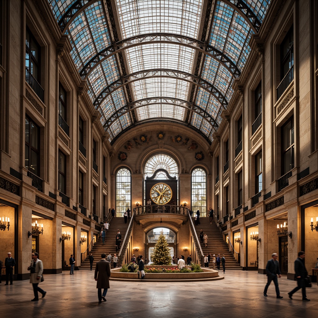 Prompt: Grandiose train station, ornate Renaissance Revival facade, rusticated stone walls, arched windows, grand entrance, sweeping staircases, intricate carvings, gilded details, majestic clock tower, vibrant stained glass ceilings, elegant waiting areas, refined passenger lounges, polished marble floors, soft warm lighting, shallow depth of field, 1/1 composition, symmetrical framing, atmospheric perspective, realistic textures, ambient occlusion.