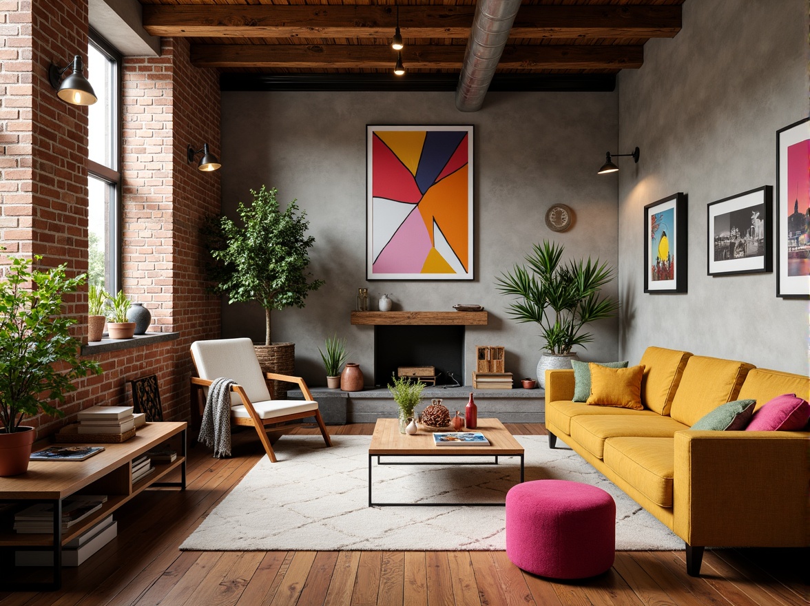 Prompt: Vibrant modern art studio, eclectic furniture, bold color blocking, contrasting textures, abstract artwork, exposed brick walls, polished wooden floors, industrial-chic lighting fixtures, minimal ornamentation, natural light pouring in, shallow depth of field, 1/1 composition, realistic rendering, ambient occlusion.