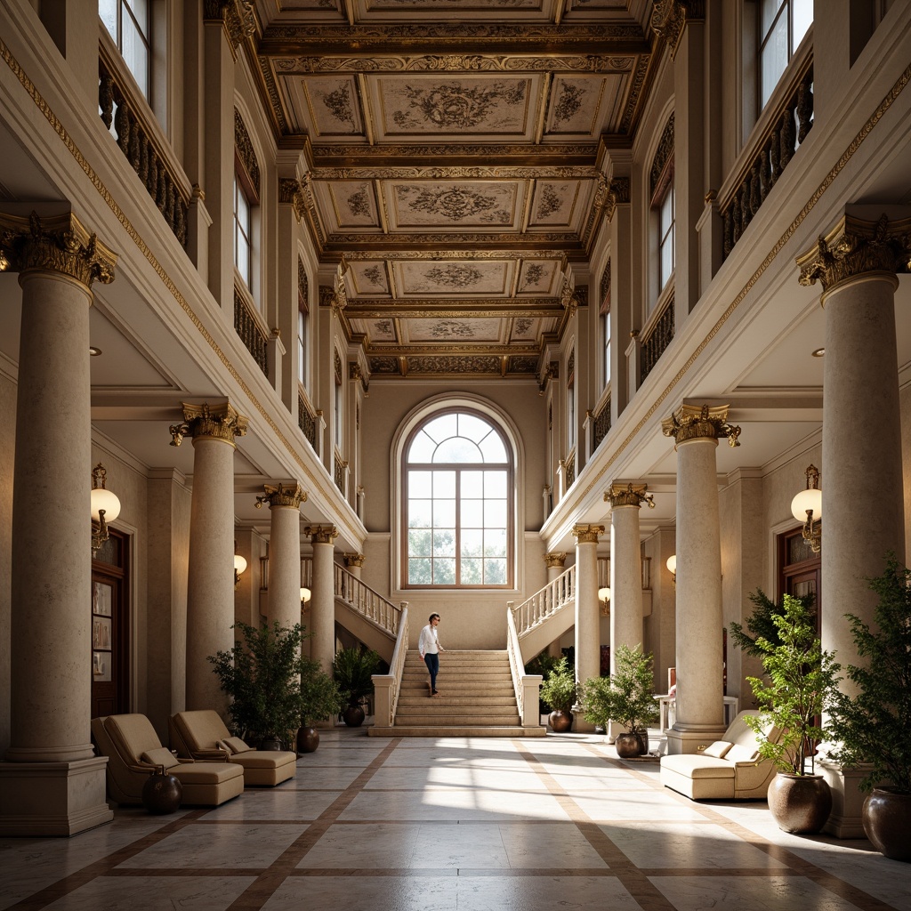 Prompt: Grandiose columns, ornate capitals, intricately carved friezes, ornamental moldings, gilded details, majestic archways, sweeping staircases, marble flooring, crystal chandeliers, luxurious fabrics, subtle color palette, soft warm lighting, shallow depth of field, 2/3 composition, symmetrical layout, realistic textures, ambient occlusion.