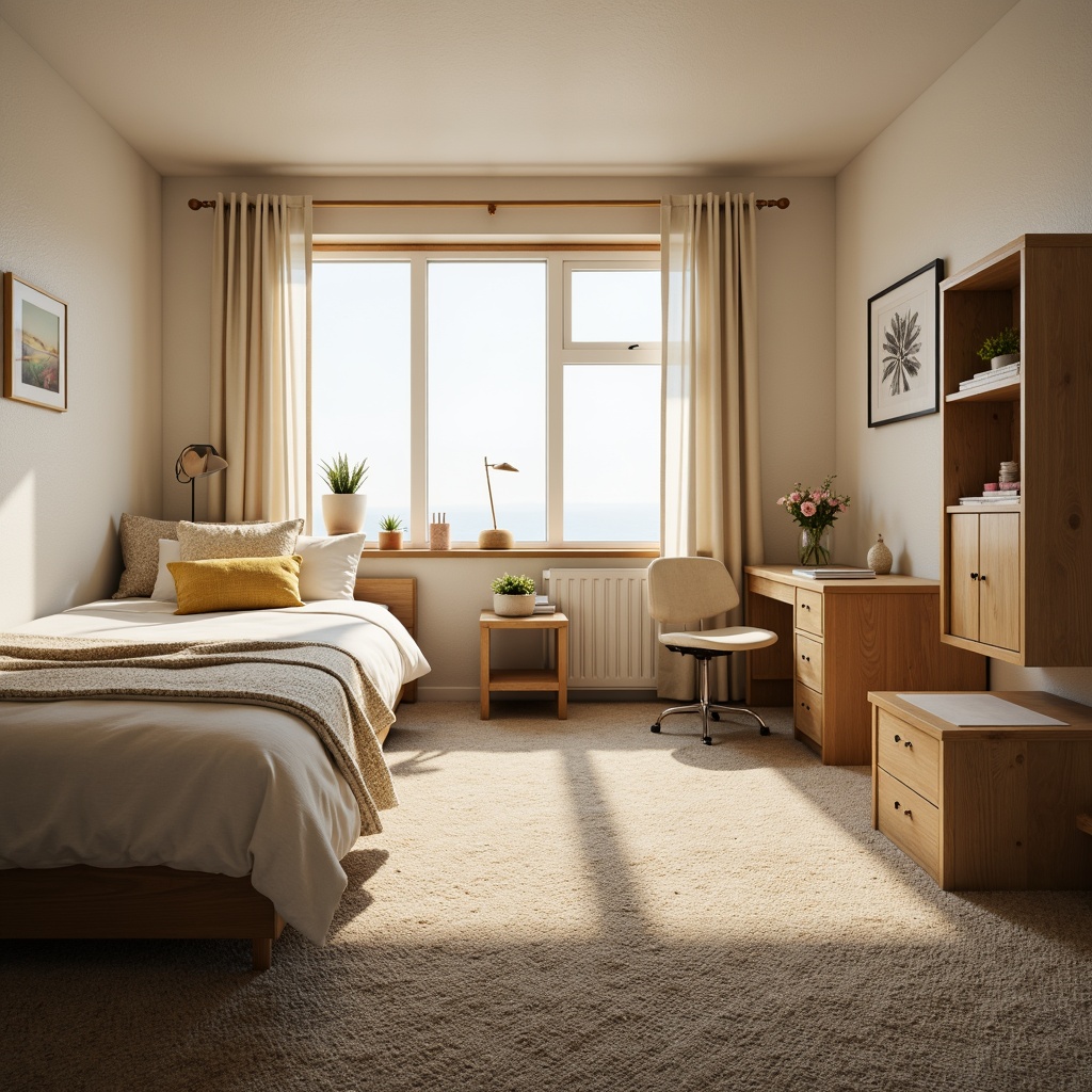 Prompt: Cozy dorm room, soft warm lighting, calming colors, natural wood furniture, plush carpets, minimalist decor, comfortable bedding, serene ambiance, pastel hues, creamy whites, soothing blues, earthy tones, gentle yellows, subtle patterns, textured fabrics, 3/4 composition, shallow depth of field, realistic textures, ambient occlusion.