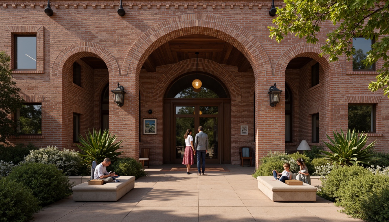 Prompt: Rustic brick facade, earthy tones, wooden accents, grand entrance, sweeping arches, ornate stone carvings, regionalist architecture, library setting, cozy reading nooks, warm soft lighting, natural materials, local cultural influences, subtle color palette, symmetrical composition, 1/2 perspective, shallow depth of field, realistic textures, ambient occlusion.