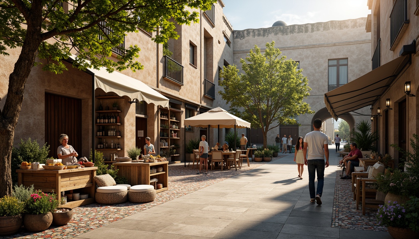 Prompt: Rustic market square, ancient Romanesque buildings, weathered stone fa\u00e7ades, ornate archways, vibrant greenery, blooming flowers, lush trees, natural water features, cobblestone pavement, wooden vendor stalls, colorful textiles, intricate mosaics, warm golden lighting, shallow depth of field, 1/2 composition, realistic textures, ambient occlusion, atmospheric fog, soft focus effect.