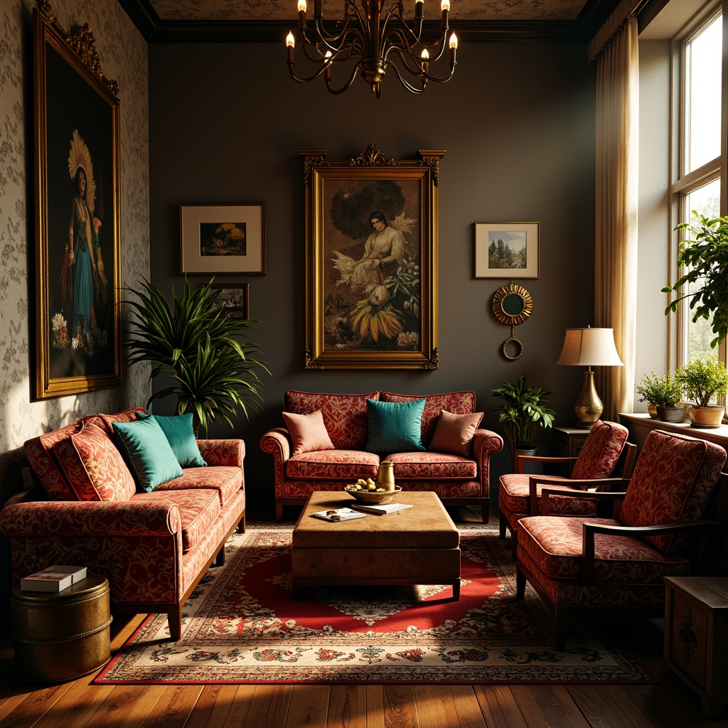 Prompt: Richly ornate furniture, bold pattern mixing, vintage accessories, distressed wood textures, eclectic decorative items, warm golden lighting, soft warm shadows, 2.5D composition, cinematic depth of field, highly saturated colors, vibrant turquoise accents, deep crimson hues, rich emerald tones, luxurious velvet fabrics, intricate lace details, rustic metal decorations, ornate gold frames, antique artifacts, mysterious ambiance, dramatic focal points, artistic still-life arrangements.