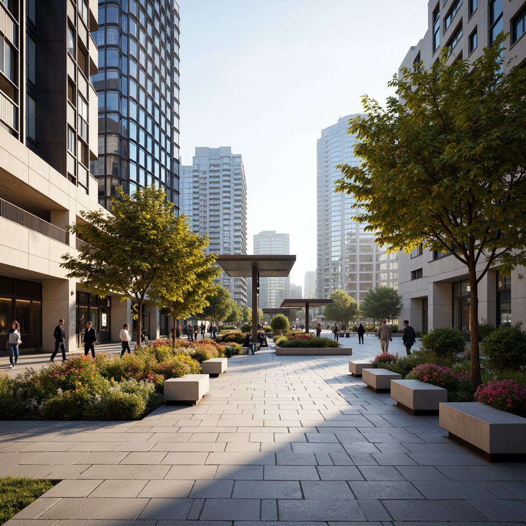 Prompt: \Vibrant train station plaza, modern urban architecture, sleek metal benches, greenery-filled planters, colorful blooming flowers, pedestrian walkways, natural stone flooring, subtle lighting, shallow depth of field, 1/1 composition, panoramic view, realistic textures, ambient occlusion, bustling city atmosphere, morning sunlight, warm color tones, minimalist landscaping, sustainable urban design, eco-friendly materials, innovative drainage systems, shaded waiting areas, public art installations.\Let me know if you need any adjustments!