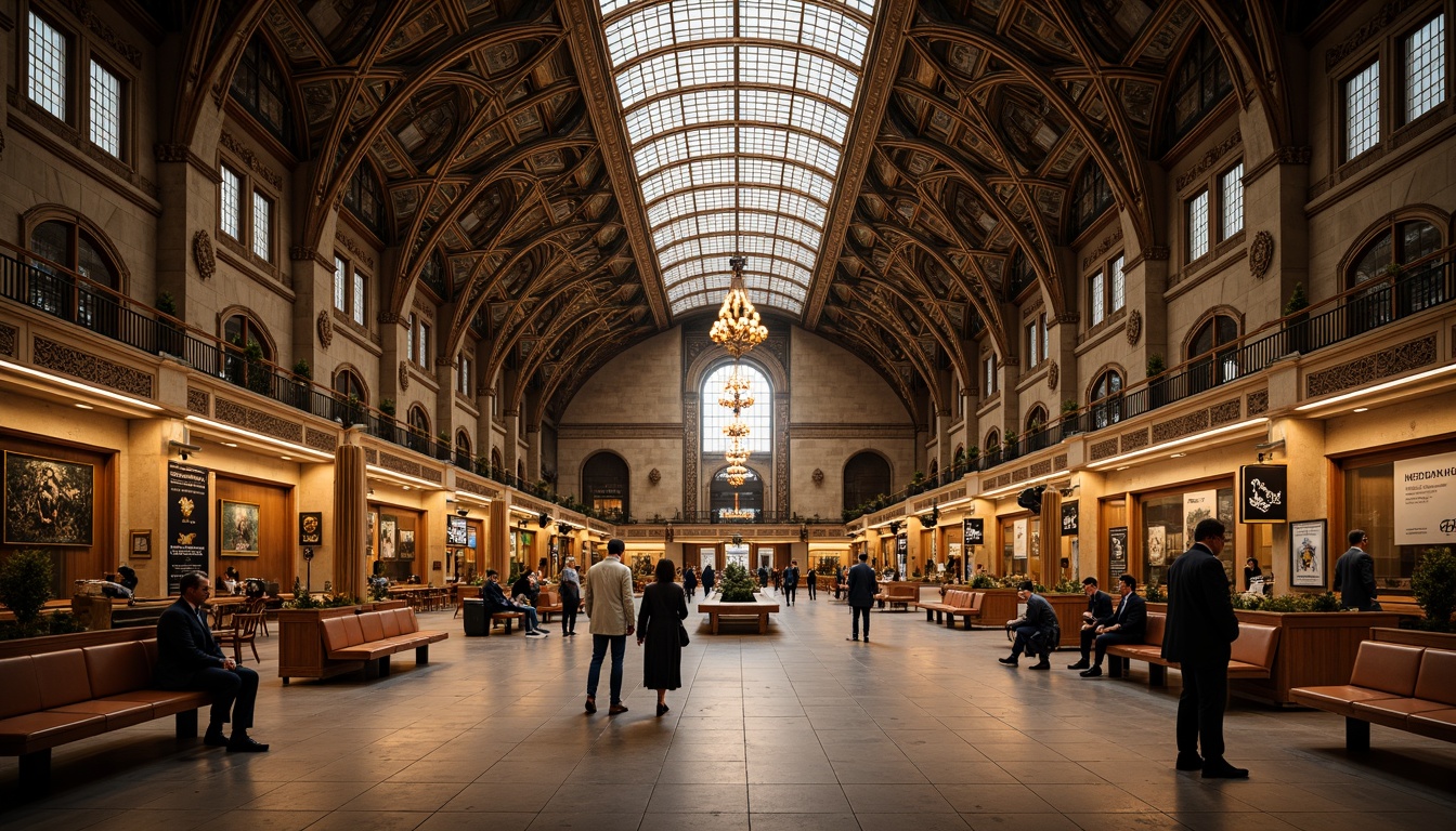 Prompt: Grandiose train station, ornate ironwork, flowing curvilinear lines, stained glass ceilings, intricate mosaics, lavish chandeliers, polished wooden benches, vintage luggage racks, elegant waiting areas, ornamental railings, dramatic archways, warm golden lighting, soft focus, shallow depth of field, 2/3 composition, symmetrical framing, realistic textures, ambient occlusion.