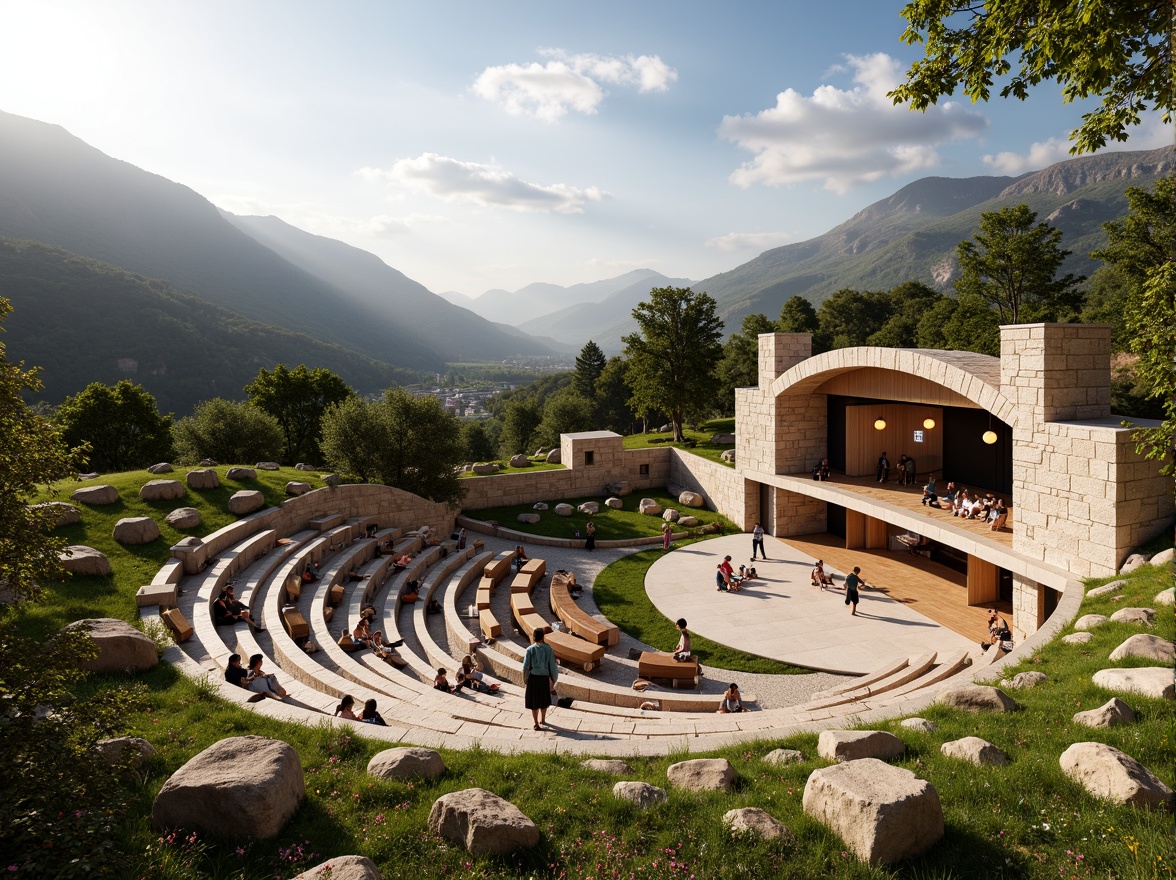 Prompt: Natural stone amphitheater, tiered seating, grassy slopes, scenic mountain views, warm sunny day, soft ambient lighting, intimate performance space, wooden stage flooring, curved sound reflectors, suspended acoustic panels, premium audio equipment, comfortable audience seating, lush greenery surroundings, water feature backdrop, misting system, organic textures, earthy color palette, 1/2 composition, shallow depth of field, realistic rendering.