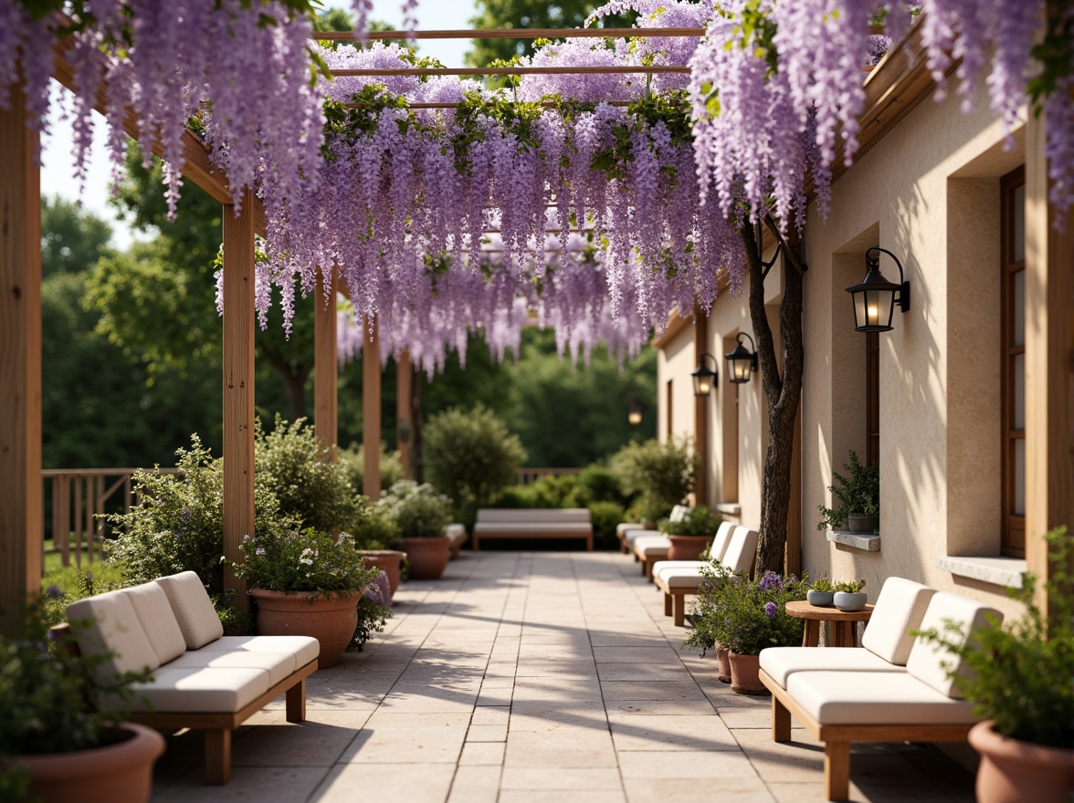 Prompt: Delicate wisteria flowers, soft pastel hues, gentle purple shades, lavender undertones, creamy whites, warm beige backgrounds, lush green foliage, whimsical garden scenes, rustic wooden benches, vintage metal lanterns, distressed stone walls, natural fiber textiles, earthy terracotta pots, warm golden lighting, shallow depth of field, 1/2 composition, romantic atmosphere, realistic bloom textures, ambient occlusion.