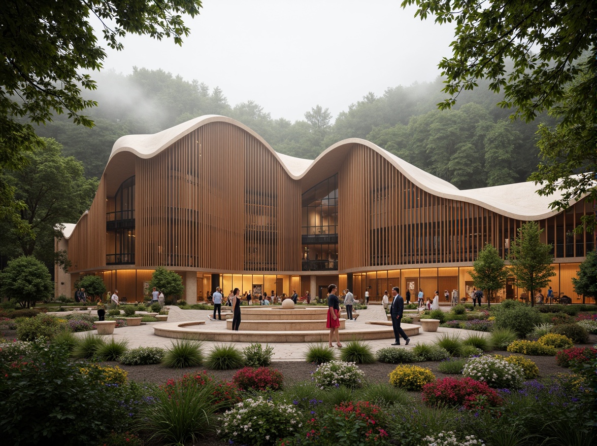 Prompt: Organic concert hall, undulating wooden waves, natural stone fa\u00e7ade, curved glass roofs, lush greenery, vibrant flowers, scenic outdoor spaces, serene forest surroundings, misty atmosphere, warm golden lighting, shallow depth of field, 1/1 composition, realistic textures, ambient occlusion, acoustic panels, sound-absorbing materials, intimate seating areas, minimal ornamentation, earthy color palette, reclaimed wood accents, organic-inspired architecture, fluid lines, harmonious proportions.