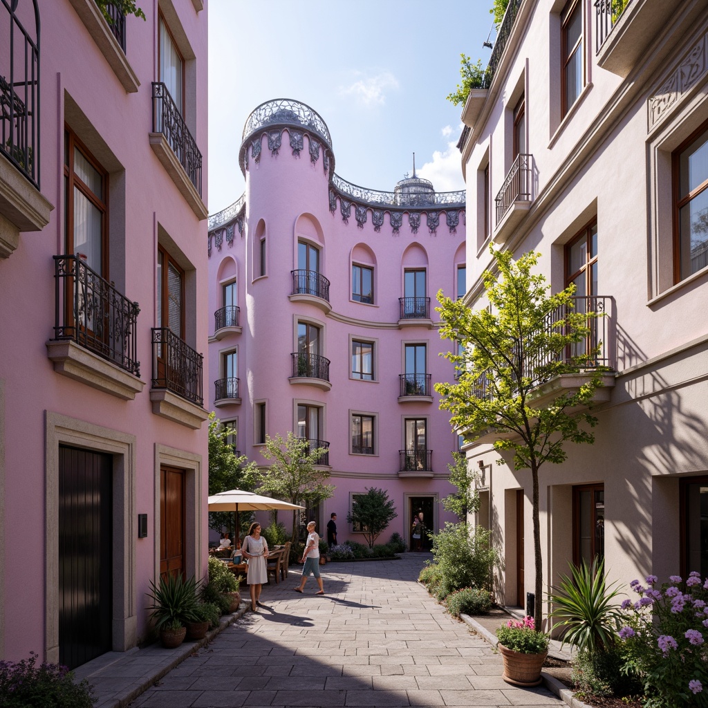 Prompt: Soft lilac hues, whimsical Art Nouveau architecture, ornate ironwork, flowing curves, pastel-colored stucco walls, delicate filigree details, romantic balconies, lush greenery, blooming flowers, warm sunny day, soft natural lighting, shallow depth of field, 3/4 composition, panoramic view, realistic textures, ambient occlusion.