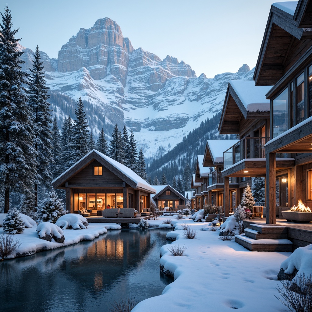 Prompt: Snow-capped mountains, frosty air, wooden chalets, rustic decor, warm fireplaces, snowflakes, pine trees, frozen lakes, icy blue hues, snowy white tones, earthy brown colors, vibrant orange accents, cozy atmosphere, soft warm lighting, shallow depth of field, 3/4 composition, panoramic view, realistic textures, ambient occlusion.