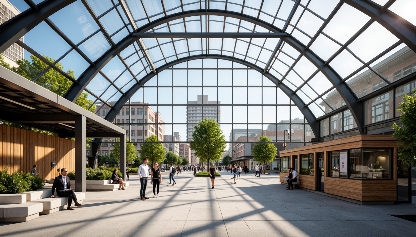 Prompt: Vibrant bus station, curved glass roof, natural skylight, clerestory windows, transparent fa\u00e7ade, urban landscape, bustling streets, modern architecture, angular columns, sleek metal beams, polished concrete floors, minimalist seating areas, greenery walls, living plants, warm wooden accents, soft diffused lighting, morning sunlight, shallow depth of field, 2/3 composition, realistic textures, ambient occlusion.