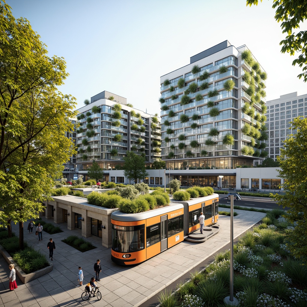 Prompt: Eco-friendly tram station, lush green roofs, vertical gardens, solar panels, wind turbines, rainwater harvesting systems, natural ventilation, energy-efficient lighting, recycled materials, minimalist design, angular lines, modern architecture, large windows, glass facades, transparent canopies, vibrant colorful accents, educational signs, public art installations, pedestrian-friendly pathways, bike storage facilities, urban forestry, sunny day, soft warm lighting, shallow depth of field, 3/4 composition, panoramic view, realistic textures, ambient occlusion.