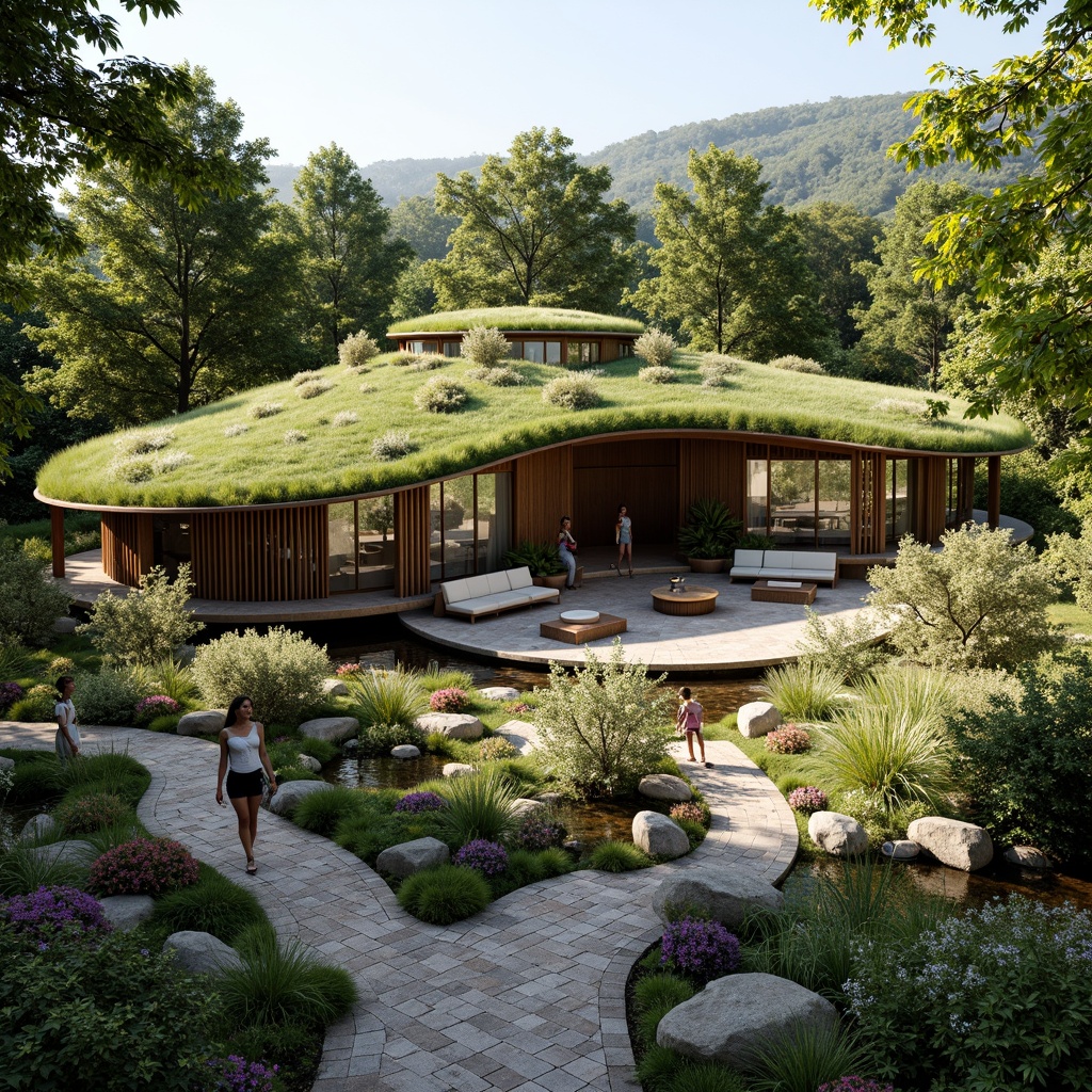 Prompt: Curved concert house, organic architecture, lush green roofs, living walls, natural stone fa\u00e7ade, reclaimed wood accents, earthy color palette, whimsical pathways, meandering streams, vibrant flowerbeds, native plant species, bird-friendly habitats, eco-friendly materials, sustainable drainage systems, rainwater harvesting, soft warm lighting, ambient soundscape, shallow depth of field, 1/1 composition, naturalistic textures, realistic foliage.