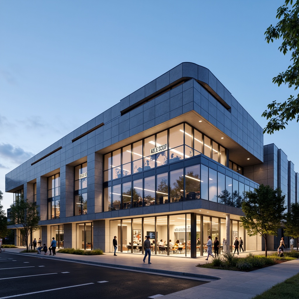 Prompt: Streamlined modern middle school facade, horizontal lines, rectangular forms, neutral color palette, aluminum frames, glass curtain walls, cantilevered canopies, open-air corridors, educational signage, natural stone cladding, minimalist ornamentation, subtle LED lighting, soft warm glow, shallow depth of field, 3/4 composition, panoramic view, realistic textures, ambient occlusion.