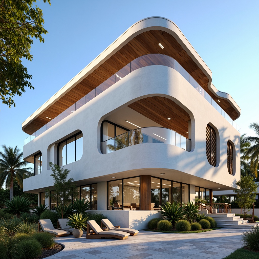 Prompt: Curved lines, rounded corners, nautical themes, horizontal windows, cantilevered staircases, pilotis, open floor plans, minimalist ornamentation, flat roofs, white stucco exteriors, steel frames, large eaves, asymmetrical facades, ribbon windows, corner windows, stepped silhouettes, tropical plants, palm trees, sunny days, warm natural lighting, shallow depth of field, 2/3 composition, cinematic views, realistic textures, ambient occlusion.