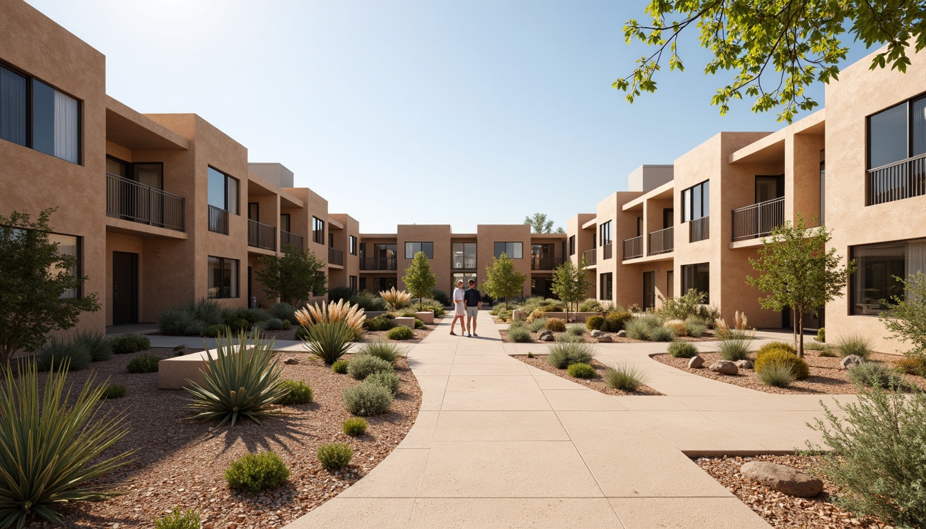 Prompt: Desert social housing complex, adobe-style architecture, curved building facades, earthy tones, sandy terrain, succulent plants, cacti gardens, water-efficient irrigation systems, xeriscaping, drought-resistant vegetation, outdoor seating areas, shaded walkways, metal trellises, vibrant turquoise accents, warm sunny days, soft natural lighting, shallow depth of field, 3/4 composition, realistic textures, ambient occlusion.