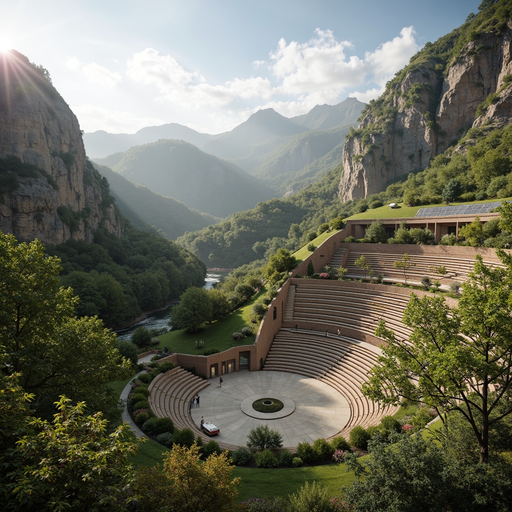 Prompt: Amphitheater-inspired sustainable architecture, eco-friendly materials, lush green roofs, natural stone walls, curved lines, open-air design, breathtaking mountain views, misty atmosphere, soft warm lighting, shallow depth of field, 3/4 composition, panoramic view, realistic textures, ambient occlusion, integrated solar panels, rainwater harvesting systems, grey water reuse, organic landscaping, native plant species, meandering walkways, educational signage, community gathering spaces.