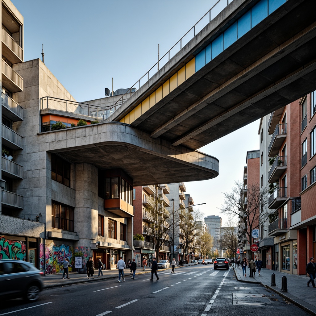 Prompt: Rugged pedestrian bridge, brutalist architecture, bold concrete structures, industrial steel beams, rough-textured stone walls, vibrant graffiti murals, bright blue accents, energetic orange highlights, dynamic yellow stripes, urban cityscape, busy streetlife, morning rush hour, soft warm lighting, shallow depth of field, 1/2 composition, dramatic shadows, realistic weathering effects.