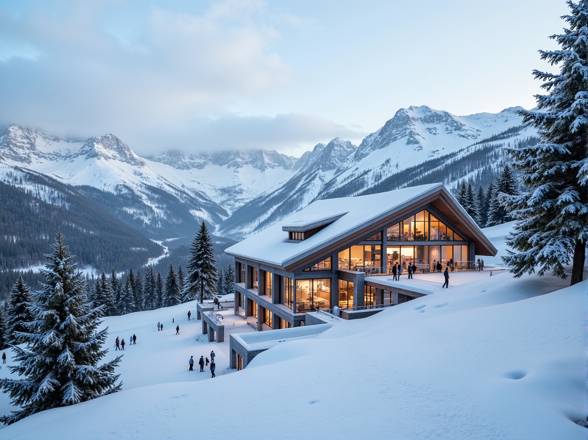 Prompt: Snow-capped mountains, frosty pine trees, winter sports equipment, ski lifts, snowy terrain, modern ski center facade, angular metallic structures, dynamic LED lighting, transparent glass walls, minimalist interior design, warm wooden accents, cozy fireplaces, panoramic views, misty morning atmosphere, soft focus, 1/1 composition, cinematic mood, realistic snow textures.