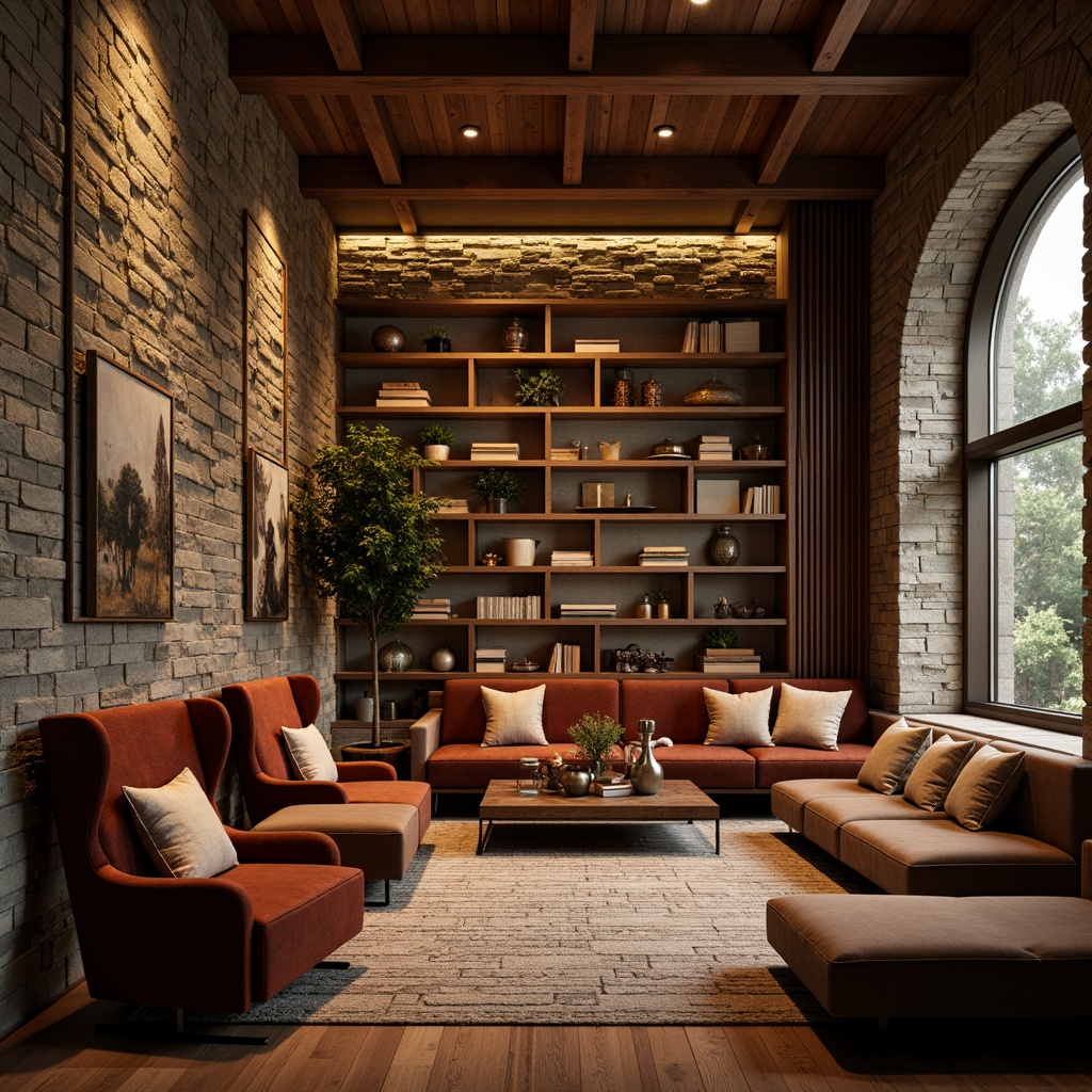 Prompt: Richly textured stone walls, metallic accents, smooth wooden floors, luxurious velvet fabrics, translucent glass surfaces, intricately carved wooden ornaments, ambient warm lighting, cozy atmosphere, rustic natural materials, earthy color palette, organic shapes, handcrafted details, tactile experiences, sensory engagement, inviting spaces, atmospheric depth, 3/4 composition, shallow depth of field.