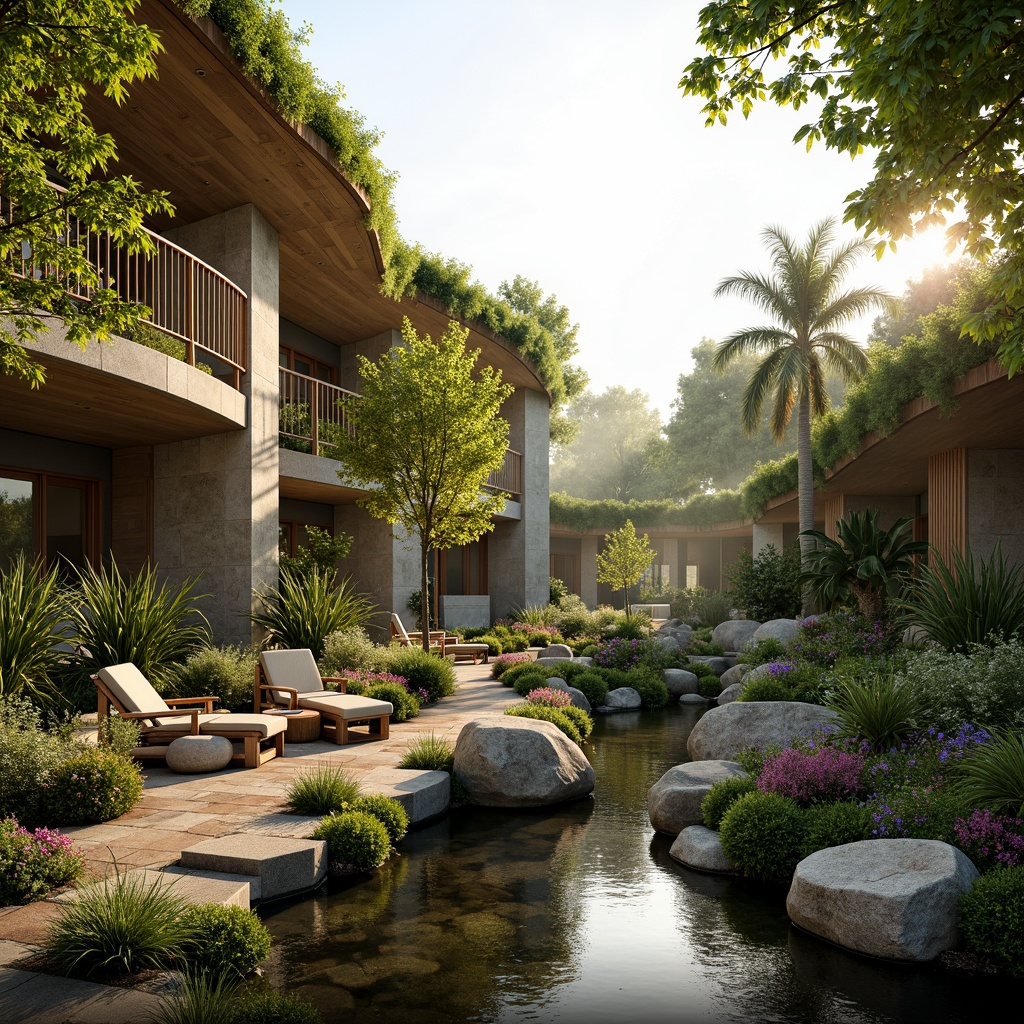 Prompt: Seamless landscape integration, organic architecture, curvaceous lines, natural stone facades, green roofs, lush vegetation, cascading water features, meandering pathways, wooden bridges, rustic benches, eclectic tree species, vibrant wildflowers, soft misty atmosphere, warm golden lighting, shallow depth of field, 1/2 composition, cinematic view, realistic textures, ambient occlusion.