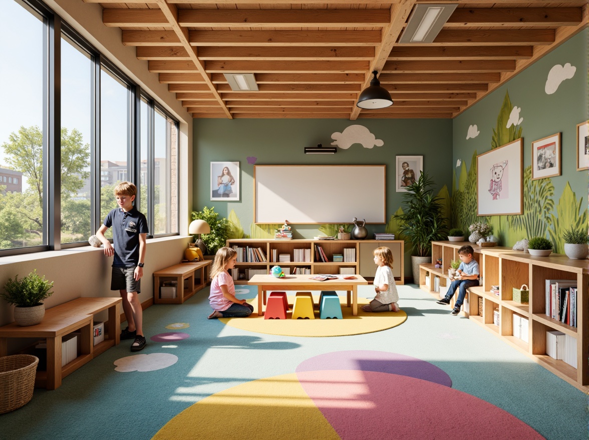 Prompt: Vibrant kindergarten, colorful murals, soft carpet flooring, playful furniture, cozy reading nooks, interactive whiteboards, educational toys, natural wood accents, modern minimalist decor, ample natural light, gentle warm lighting, 1/2 composition, shallow depth of field, realistic textures, ambient occlusion.