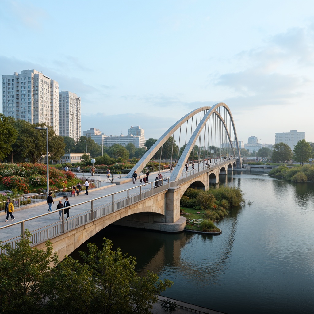 Prompt: Sleek bridge design, modern infrastructure, steel arches, suspension cables, urban cityscape, calm river waters, lush greenery, vibrant flowers, pedestrian walkways, warm beige stone piers, cool gray metal railings, soft blue sky, misty morning atmosphere, subtle warm lighting, high contrast shadows, 1/1 composition, symmetrical view, realistic textures, ambient occlusion.