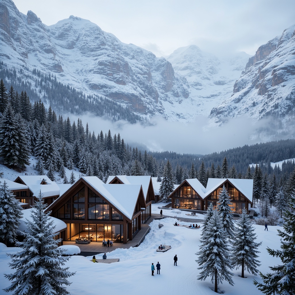 Prompt: Snow-capped mountain peaks, frosty pine trees, icy slopes, modern ski center architecture, angular wooden beams, rustic stone walls, large glass windows, transparent roofs, cozy fireplaces, warm wooden interiors, comfortable seating areas, futuristic chairlifts, snowy terrain, frozen lakes, misty foggy atmosphere, dramatic lighting effects, shallow depth of field, 1/2 composition, realistic snow textures, ambient occlusion.